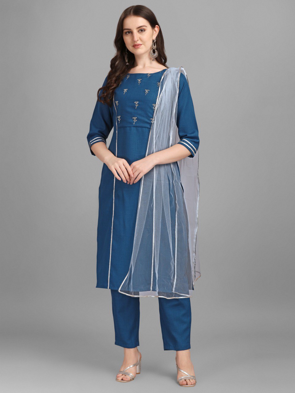 Blue Cotton Embellished With Mirror Thread Work Salwar Suit