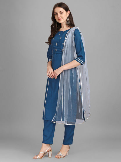 Blue Cotton Embellished With Mirror Thread Work Salwar Suit