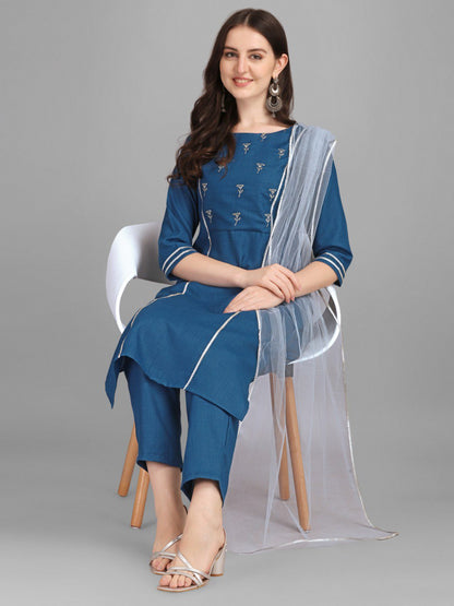 Blue Cotton Embellished With Mirror Thread Work Salwar Suit