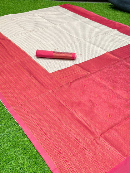 Pink Cream Banarasi Beautiful Zari Work In Form Of Traditional Motifs Soft Silk Saree