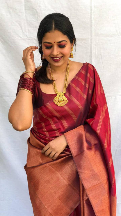 Dark Maroon Colour Saree Banarasi Beautiful Zari Work In Form Of Traditional Motifs Soft Silk Saree