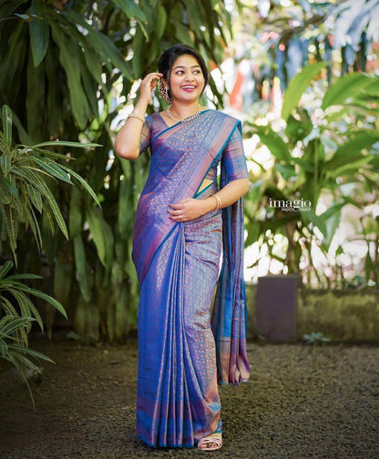Violet Colour Saree Copper Zari Weaving Banarasi Beautiful Zari Work In Form Of Traditional Motifs Soft Silk Saree