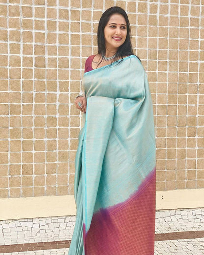 Stunning Sky Firozi Saree With Magenta Border And Blouse Banarasi Beautiful Zari Work In Form Of Traditional Motifs Soft Silk Saree