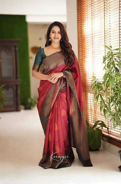 Stunning Maroon Colour Saree With Rama Border & Heavy Brocade Blouse Banarasi Beautiful Zari Work In Form Of Traditional Motifs Soft Silk Saree