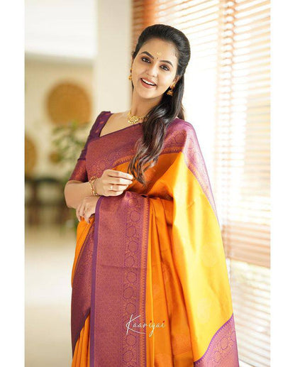 Stunning Yellow Colour Saree With Magenta Border & Heavy Brocade Blouse Banarasi Beautiful Zari Work In Form Of Traditional Motifs Soft Silk Saree