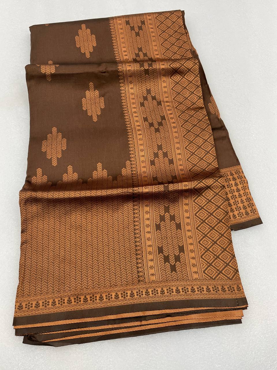 Stunning Brown Colour Saree With Heavy Brocade Blouse Banarasi Beautiful Zari Work In Form Of Traditional Motifs Soft Silk Saree