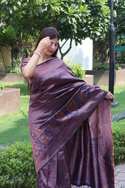 Navy Blue Colour Saree Copper Zari Weaving Banarasi Beautiful Zari Work In Form Of Traditional Motifs Soft Silk Saree