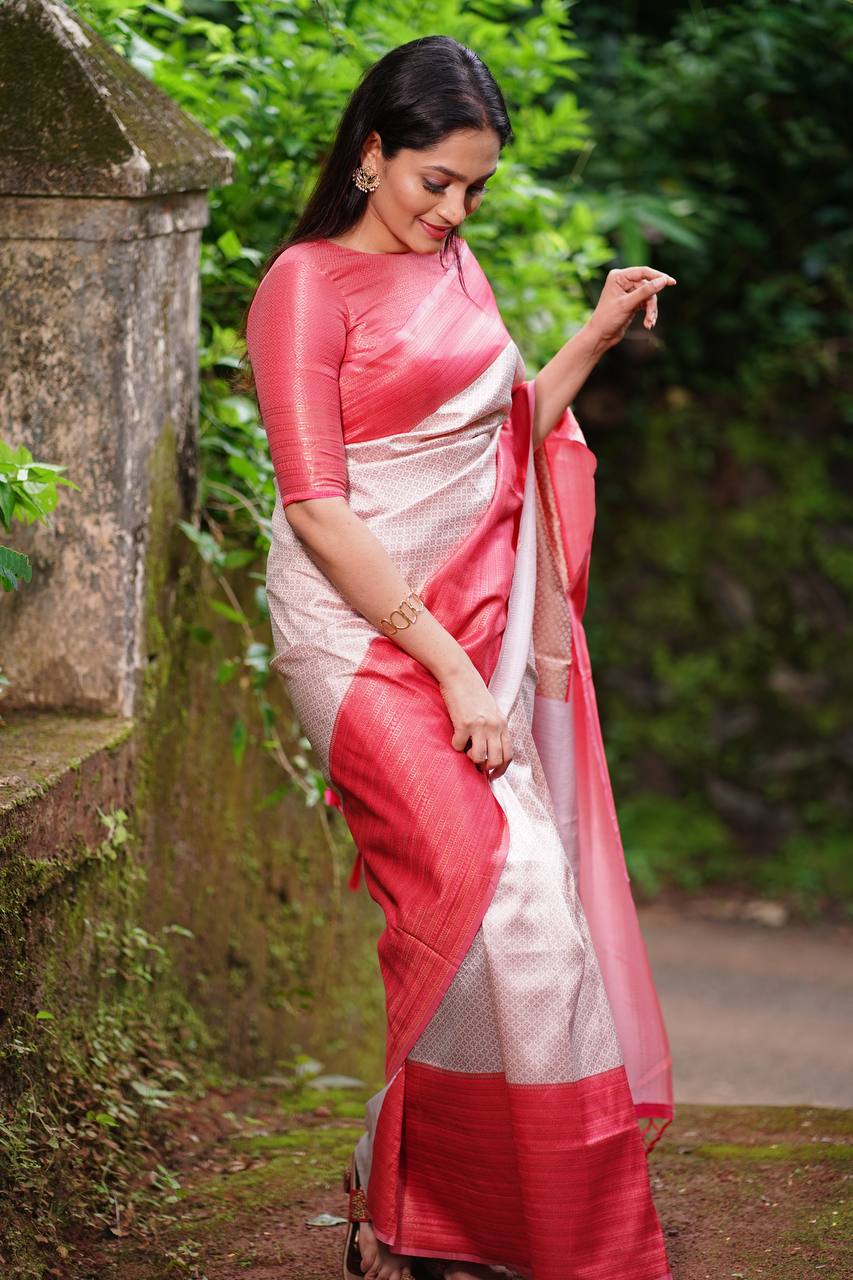 Off White Pink Border Color Saree With Copper Zari Weaving Banarasi Beautiful Zari Work In Form Of Traditional Motifs Soft Silk Saree