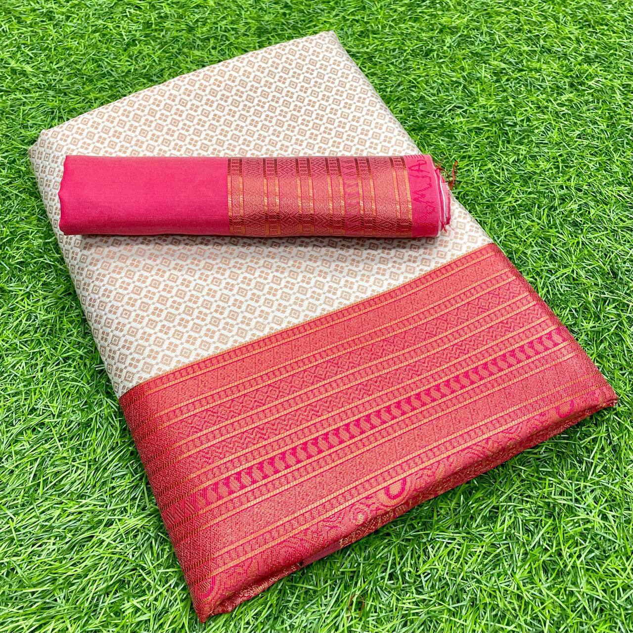 Off White Pink Border Color Saree With Copper Zari Weaving Banarasi Beautiful Zari Work In Form Of Traditional Motifs Soft Silk Saree