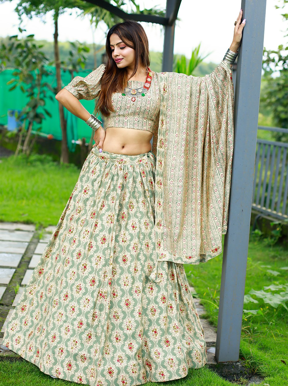 Mehendi Color Foil And Printed Chanderi Cotton Lehenga With Choli