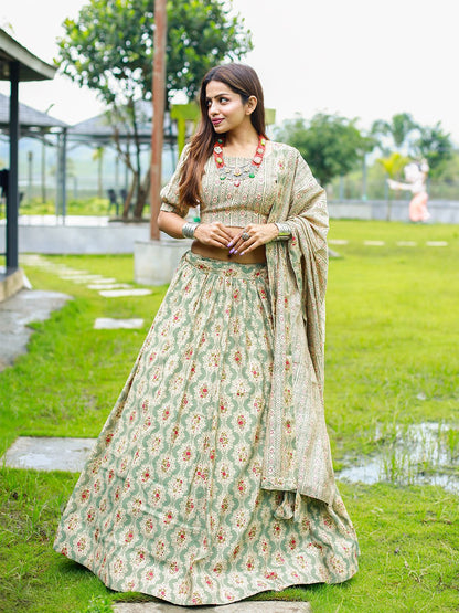 Mehendi Color Foil And Printed Chanderi Cotton Lehenga With Choli