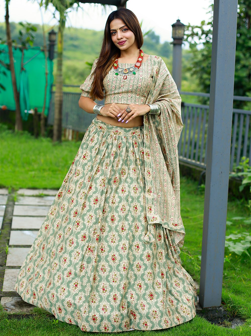 Mehendi Color Foil And Printed Chanderi Cotton Lehenga With Choli