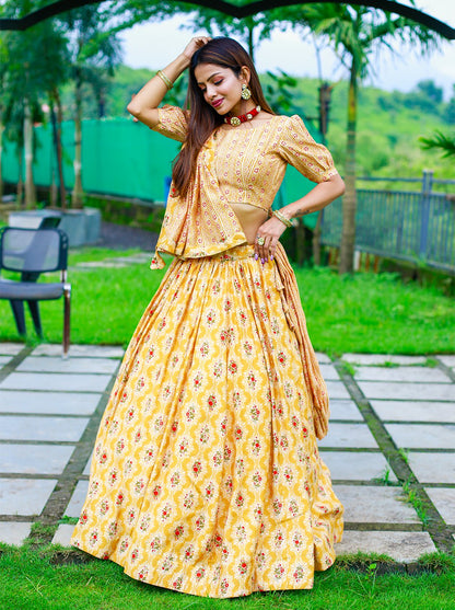 Mustard Color Foil Printed Chanderi Cotton Lehenga Choli