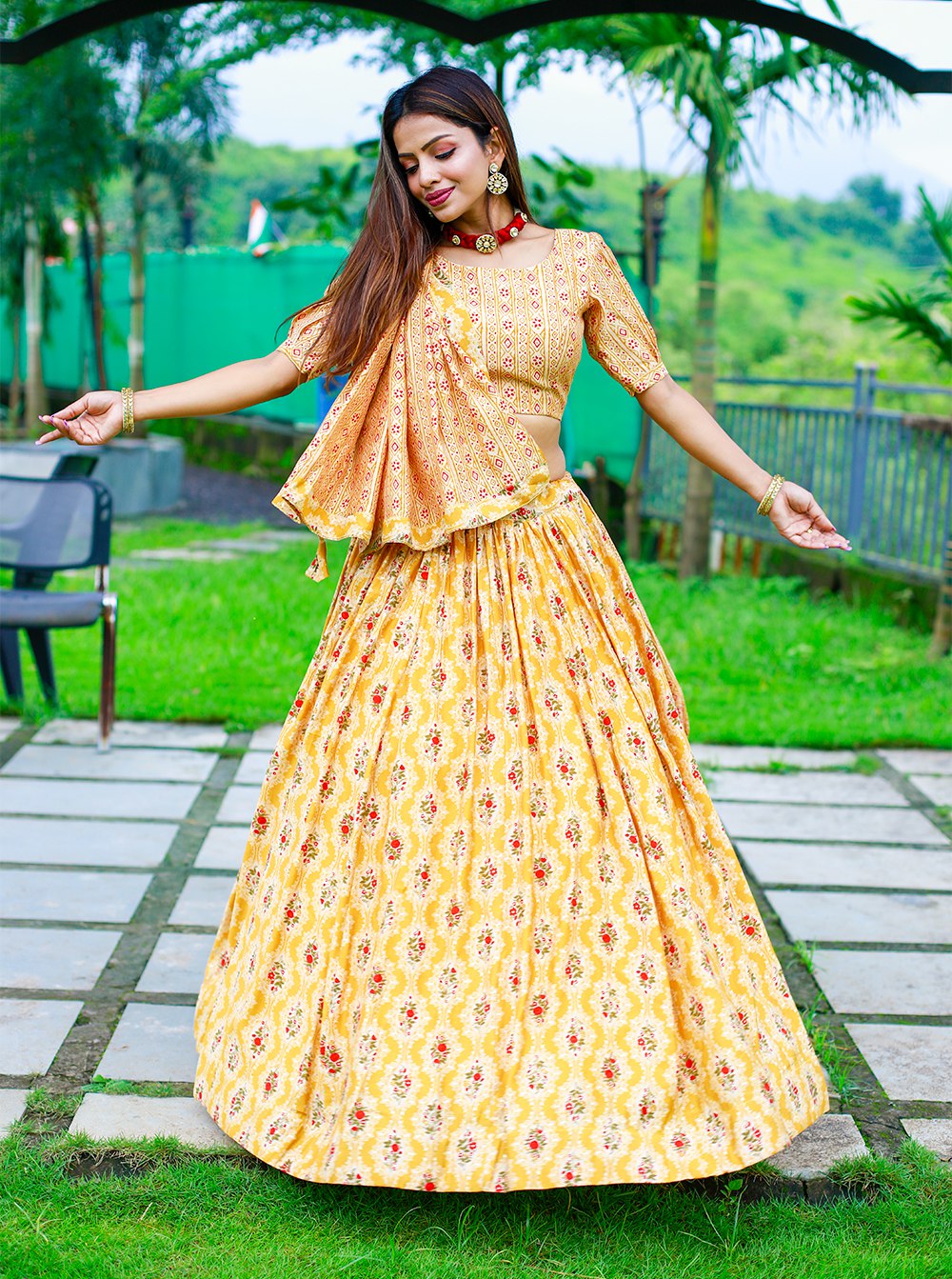 Mustard Color Foil Printed Chanderi Cotton Lehenga Choli