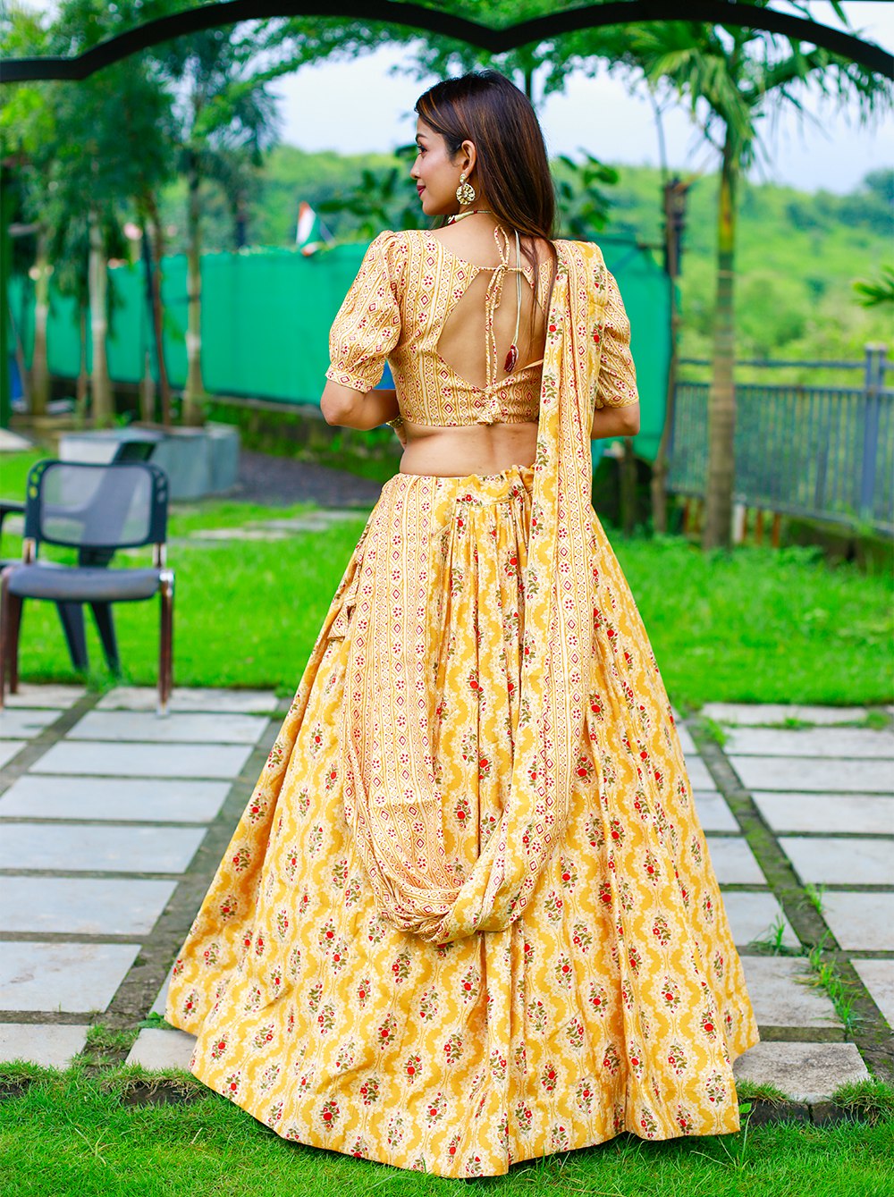 Mustard Color Foil Printed Chanderi Cotton Lehenga Choli