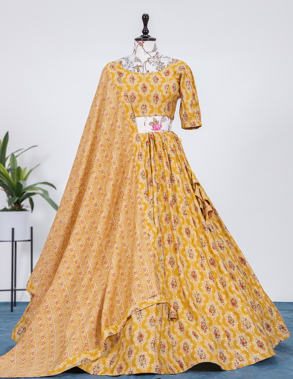 Mustard Color Foil Printed Chanderi Cotton Lehenga Choli