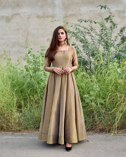 New Bronze Gold Lama Anarkali Gown With Duppta