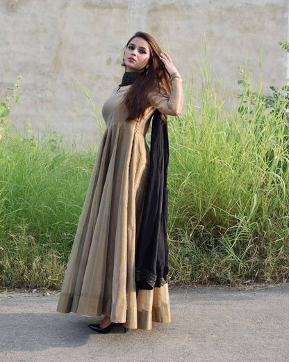 New Bronze Gold Lama Anarkali Gown With Duppta