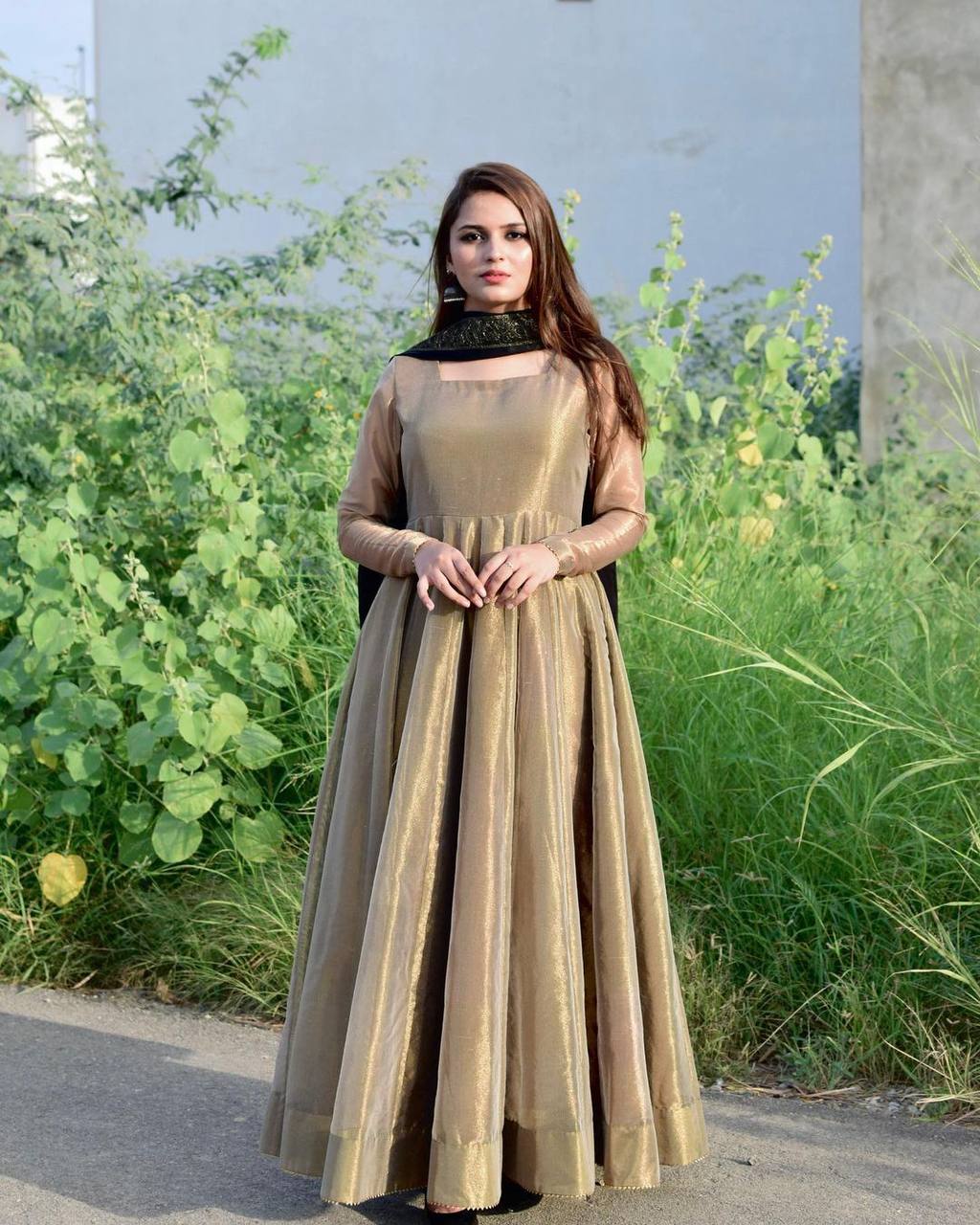 New Bronze Gold Lama Anarkali Gown With Duppta