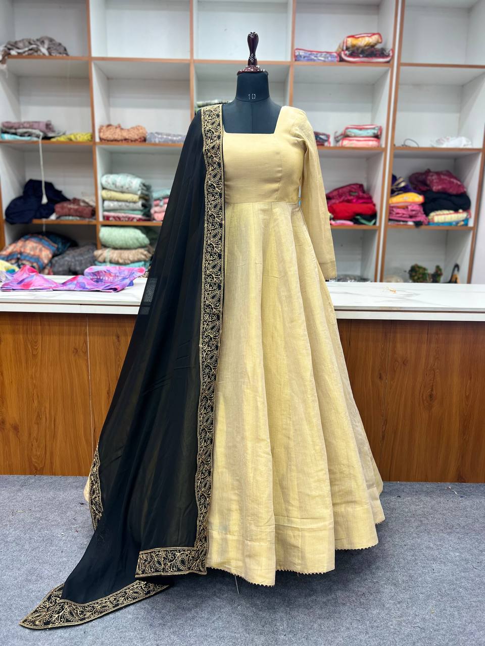 New Bronze Gold Lama Anarkali Gown With Duppta