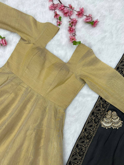 New Bronze Gold Lama Anarkali Gown With Duppta