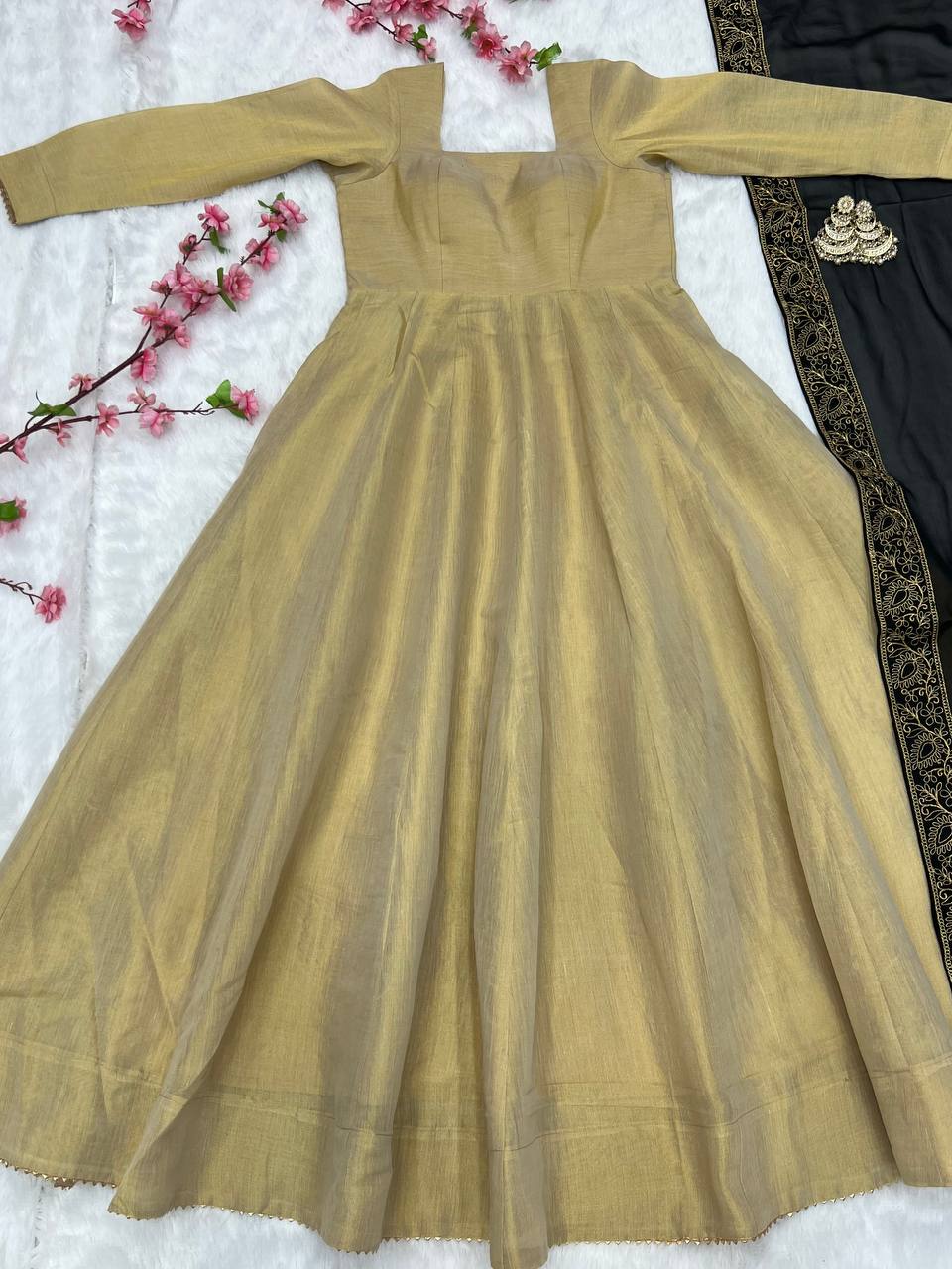 New Bronze Gold Lama Anarkali Gown With Duppta