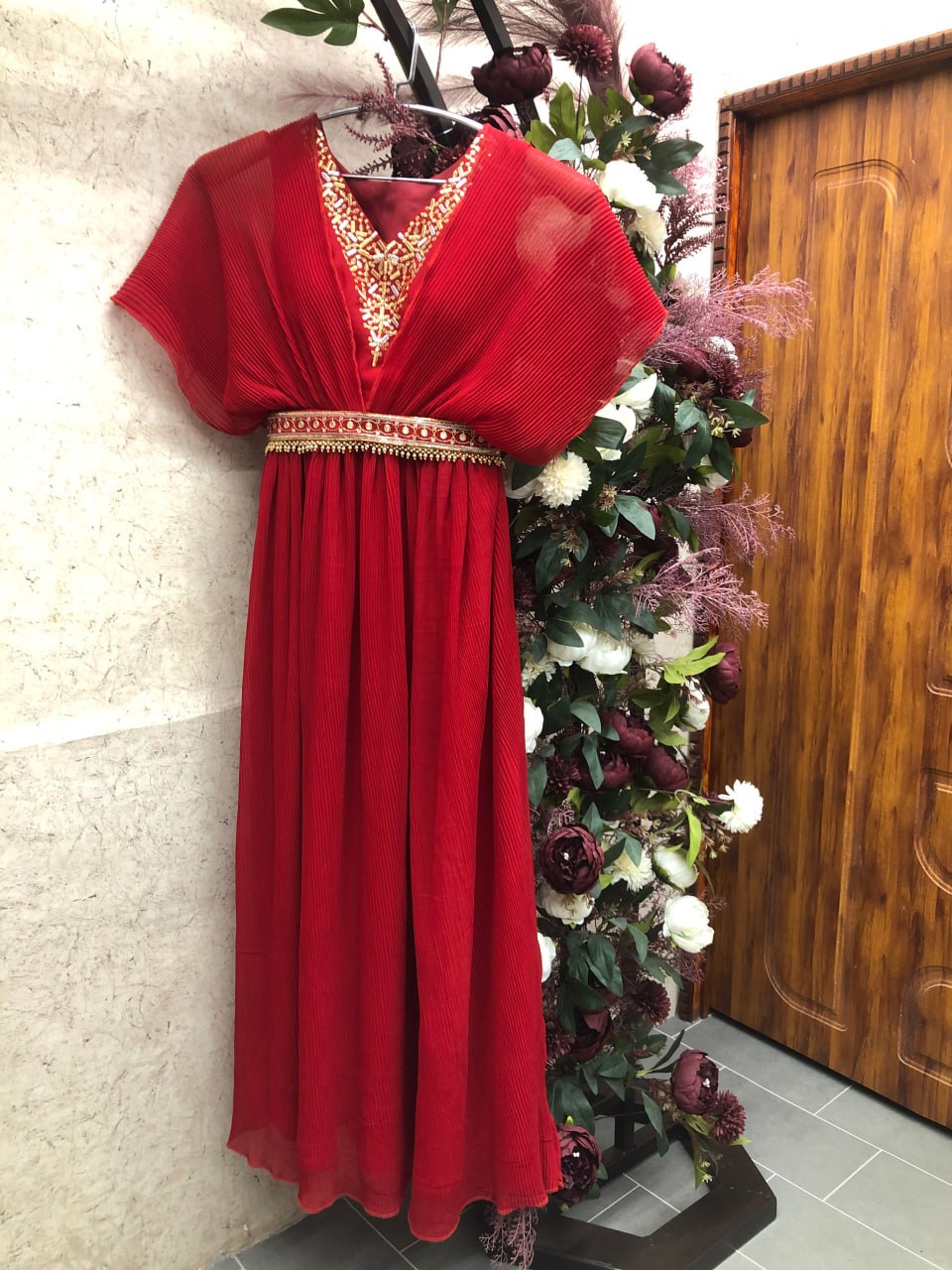 New Red Colour Strappy Pleated Flared Gown