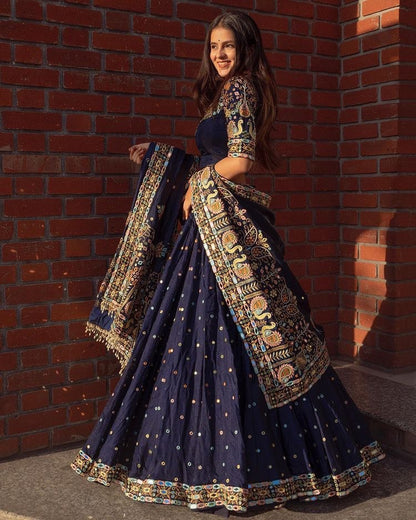 Navy Blue Colour Digital Printed Work Lahenga Choli With Dupatta