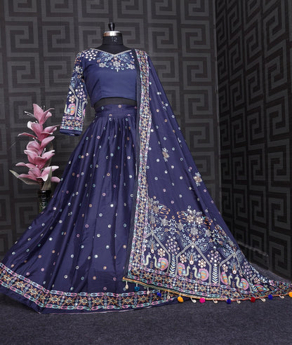 Navy Blue Colour Digital Printed Work Lahenga Choli With Dupatta