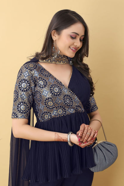 Function Wear Navy Blue Color Work With Pleated Sharara Set