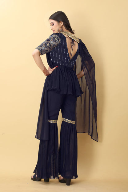 Function Wear Navy Blue Color Work With Pleated Sharara Set