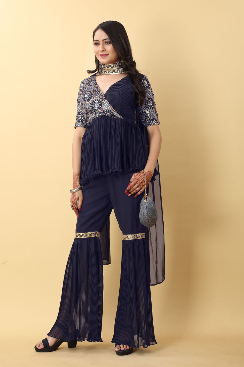 Function Wear Navy Blue Color Work With Pleated Sharara Set