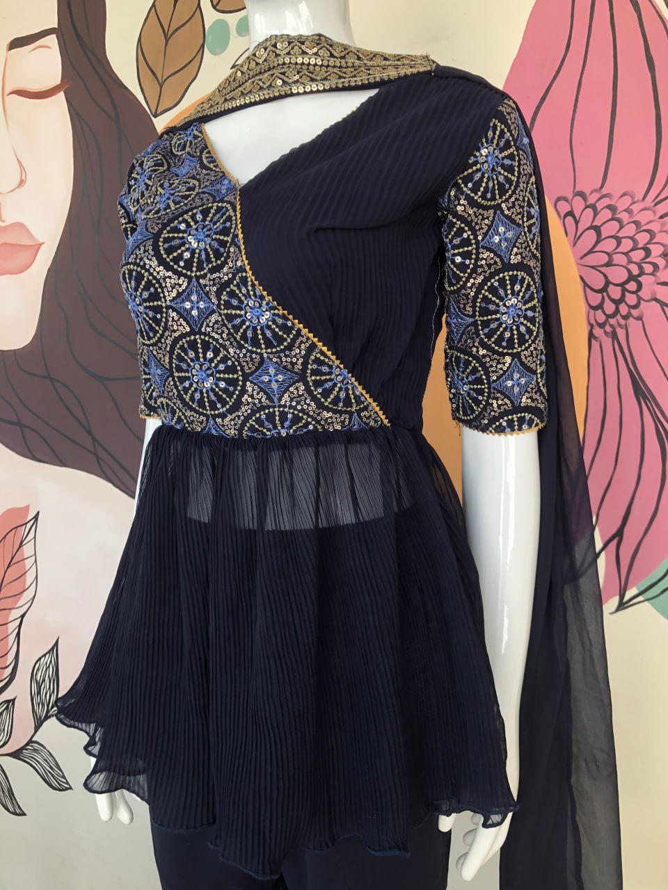 Function Wear Navy Blue Color Work With Pleated Sharara Set