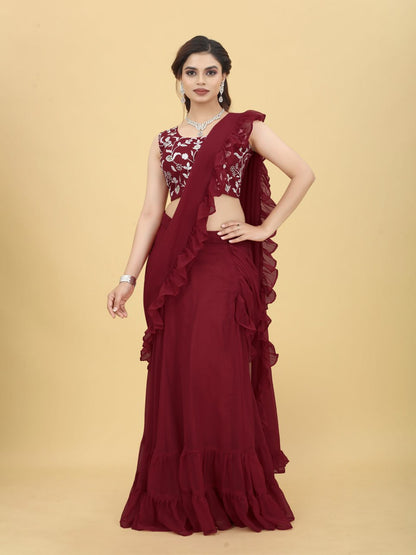 New Maroon Georgette Zul Lehenga Saree