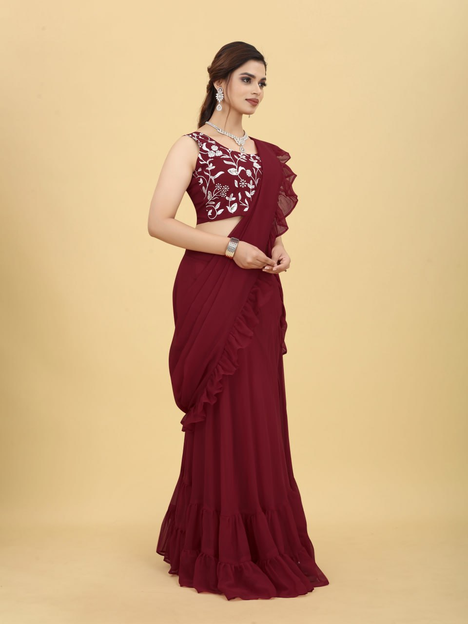 New Maroon Georgette Zul Lehenga Saree