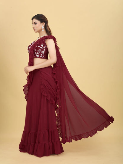 New Maroon Georgette Zul Lehenga Saree