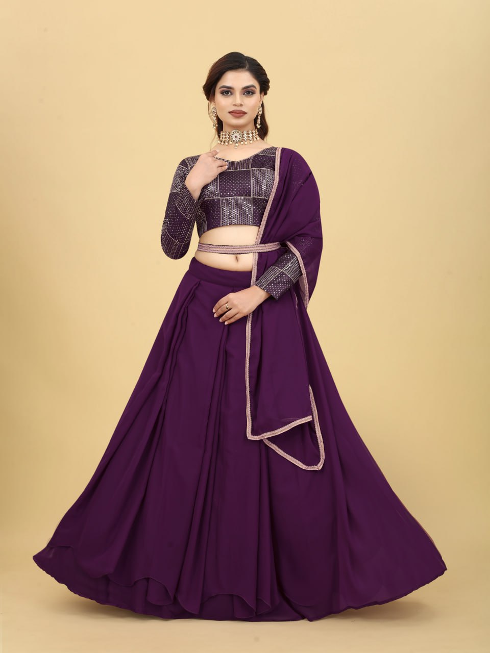 New Wedding Wine Akshu Lehenga Semi- Stitch