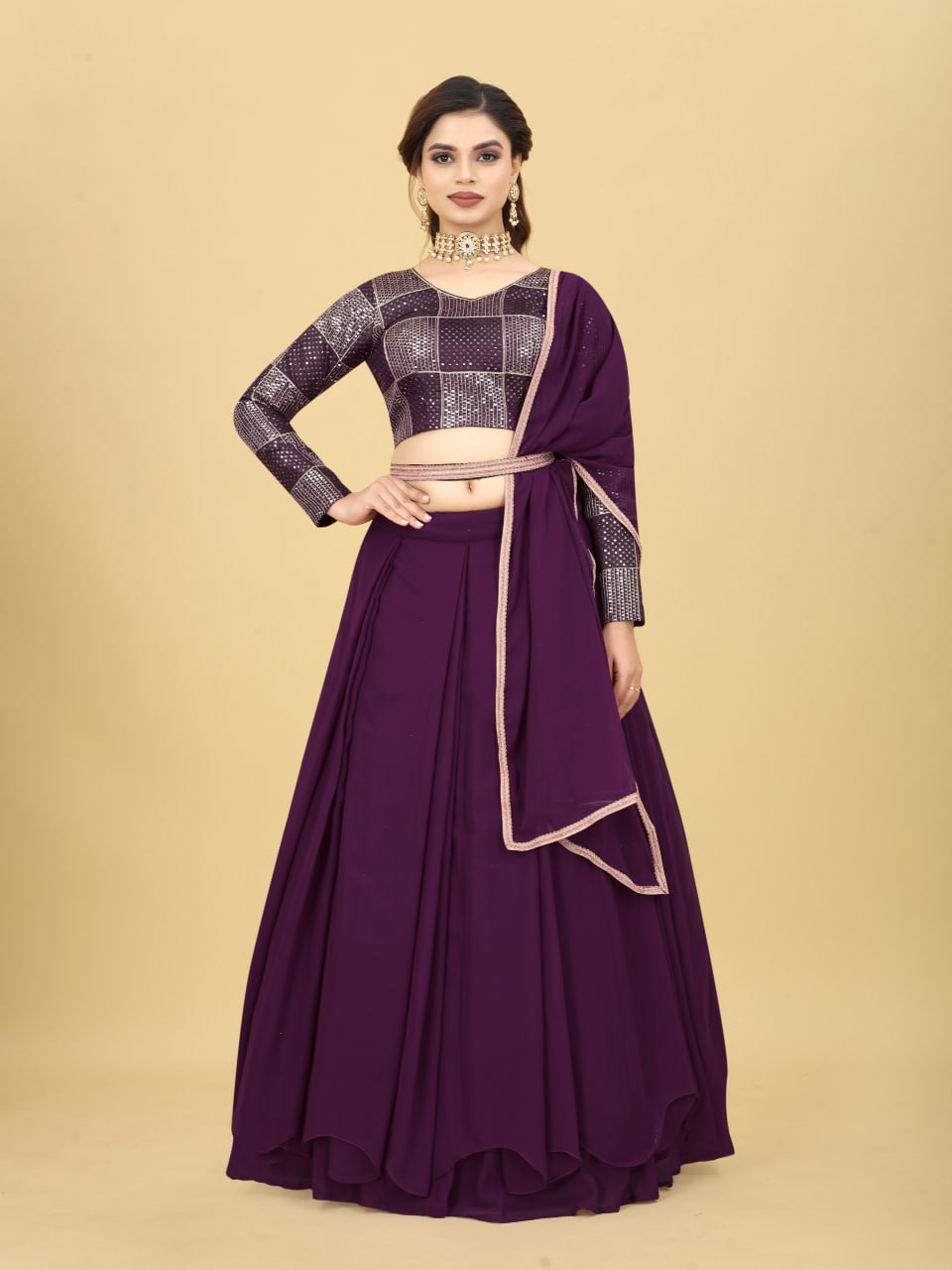 New Wedding Wine Akshu Lehenga Semi- Stitch