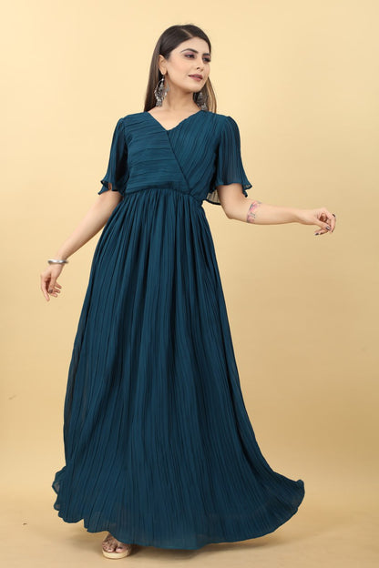 Rama Colour Pleated Georgette Designer Emerald Gown