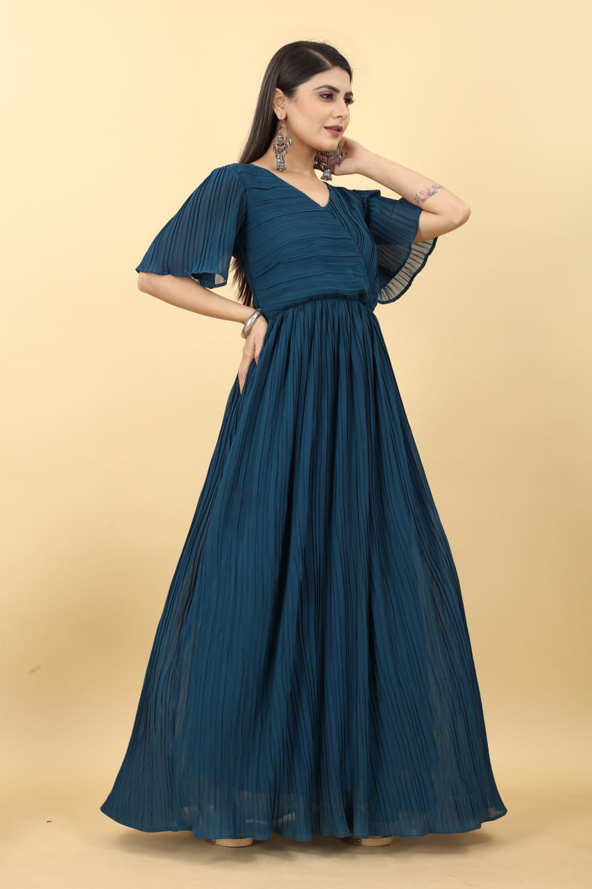 Rama Colour Pleated Georgette Designer Emerald Gown