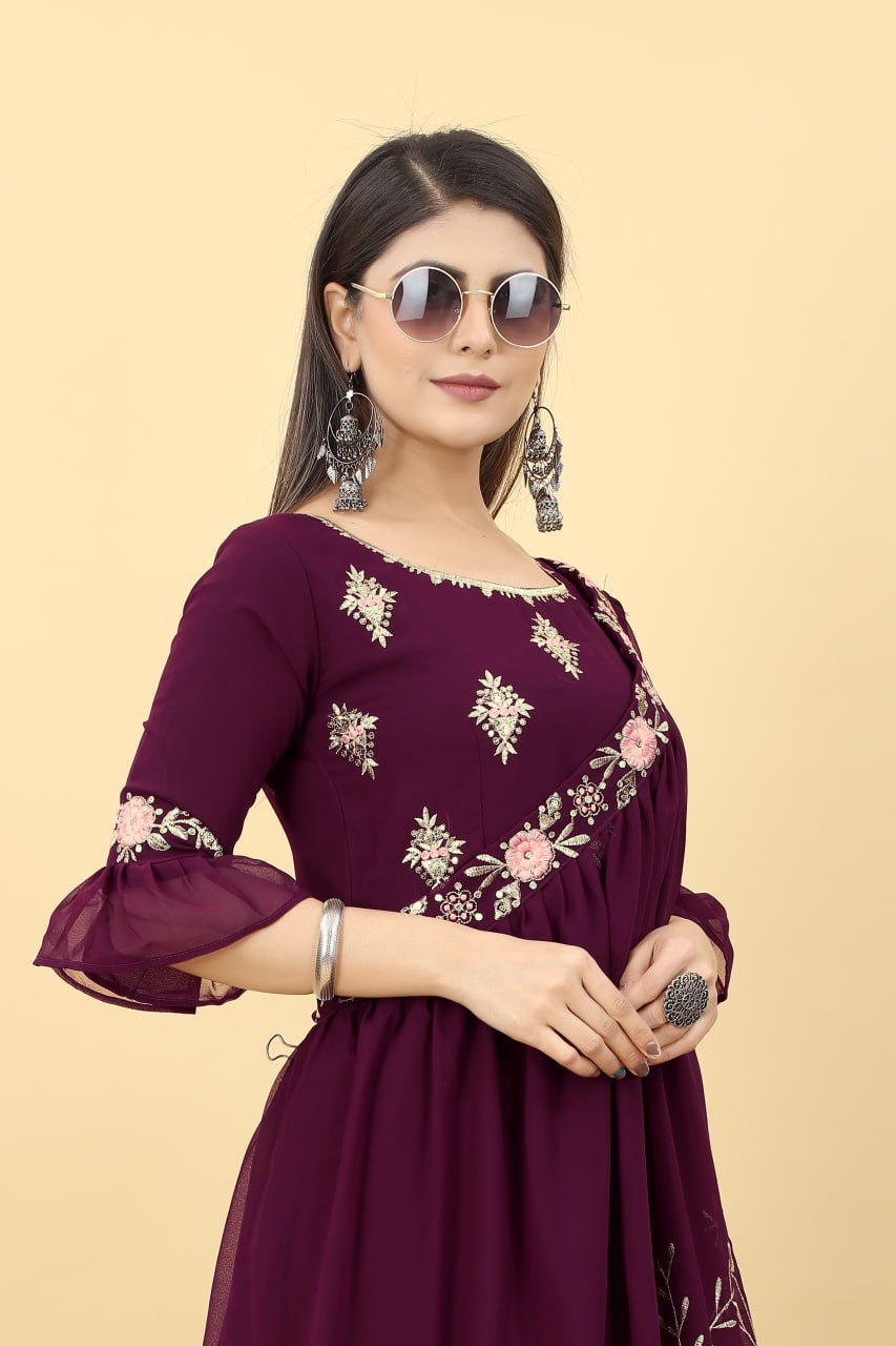 Designer Wine Colour Georgette 3 Style Gown FullyStitch