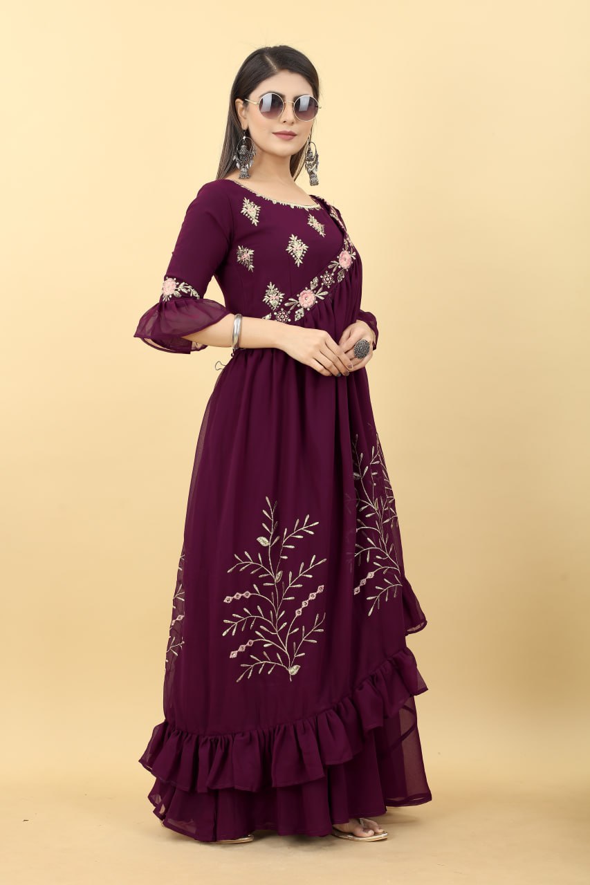 Designer Wine Colour Georgette 3 Style Gown FullyStitch