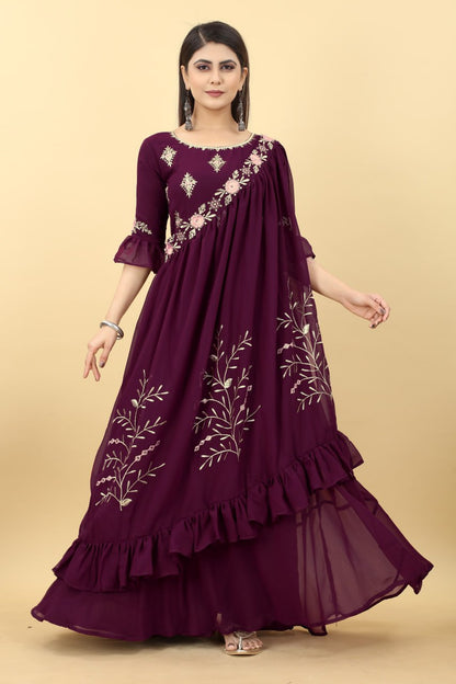 Designer Wine Colour Georgette 3 Style Gown FullyStitch