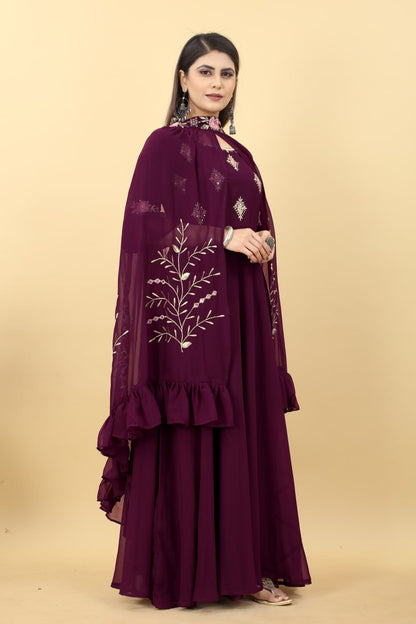 Designer Wine Colour Georgette 3 Style Gown FullyStitch