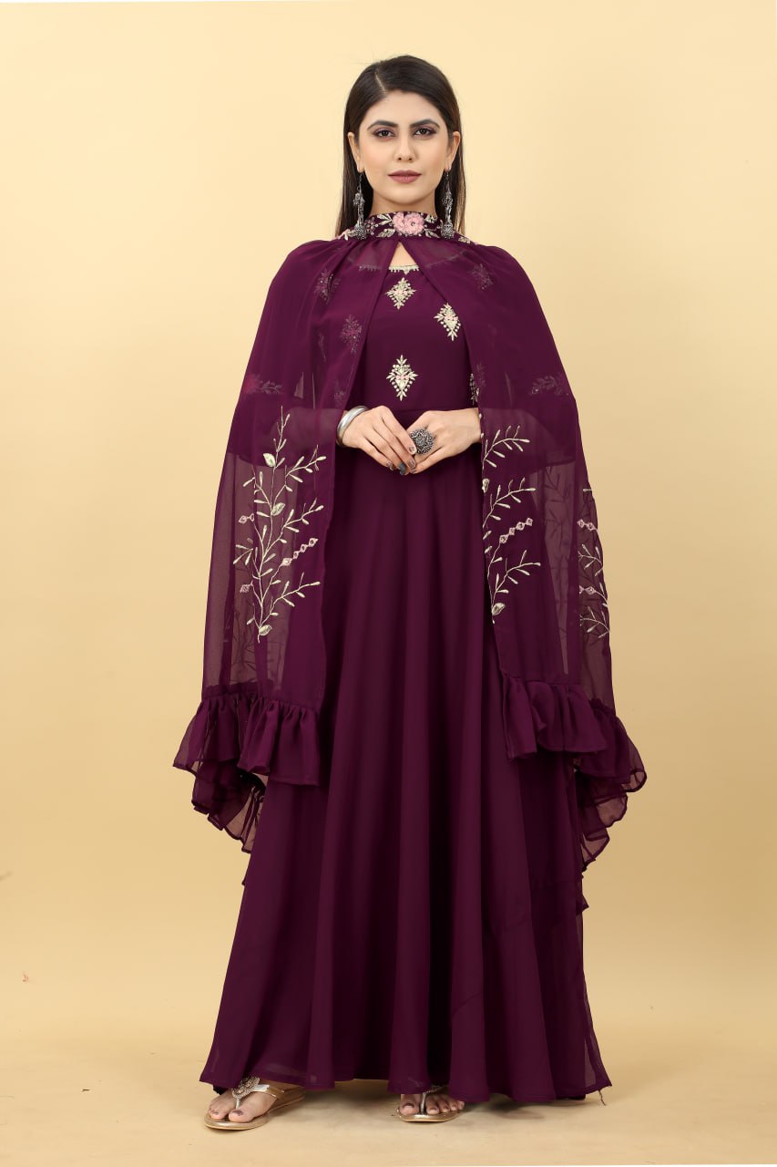 Designer Wine Colour Georgette 3 Style Gown FullyStitch