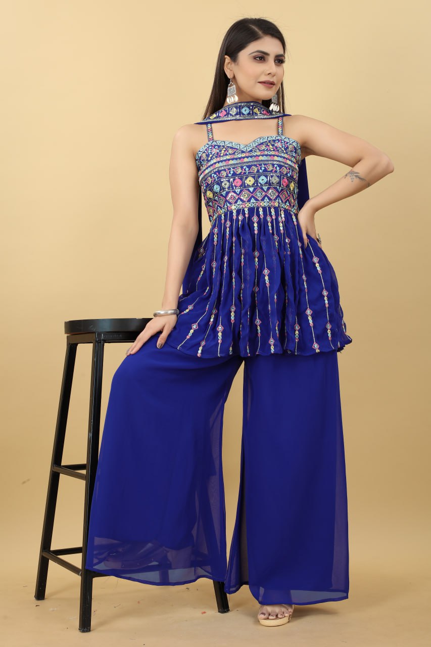 Sweetheart Blue Colour Top Plazzo With Dupatta Full- Stitch