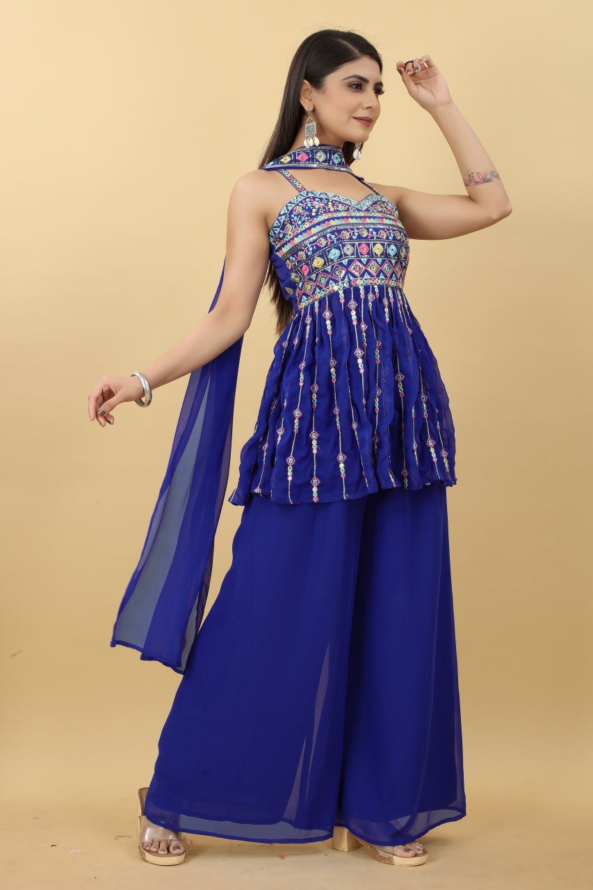 Sweetheart Blue Colour Top Plazzo With Dupatta Full- Stitch