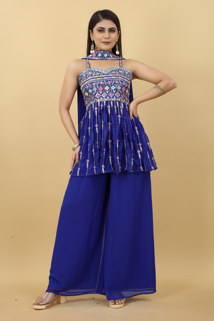 Sweetheart Blue Colour Top Plazzo With Dupatta Full- Stitch