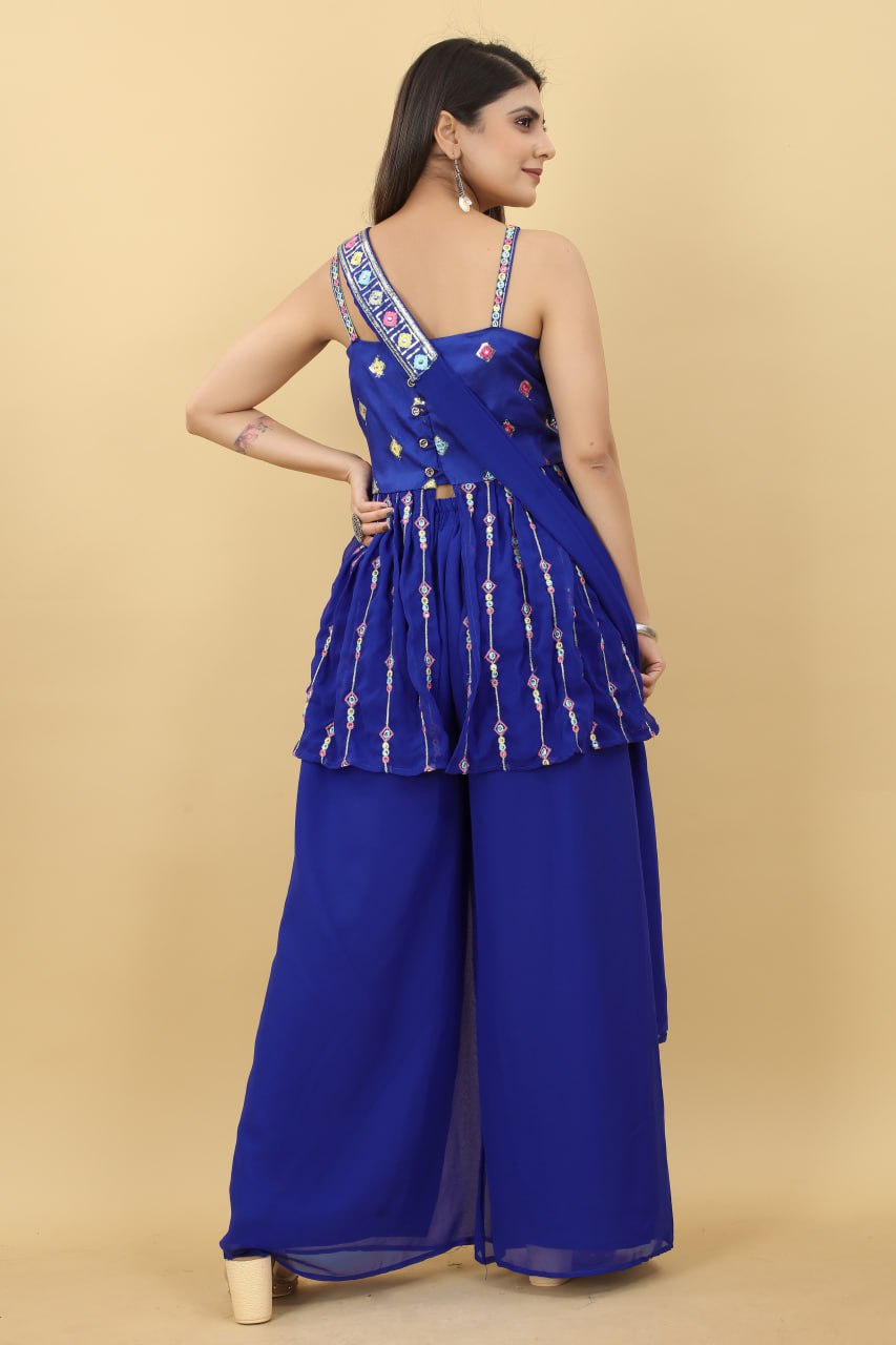 Sweetheart Blue Colour Top Plazzo With Dupatta Full- Stitch