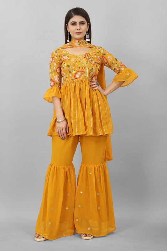 Mango Cocktail Mustard Colour Georgette Plazzo Top With Dupatta Fullystitch